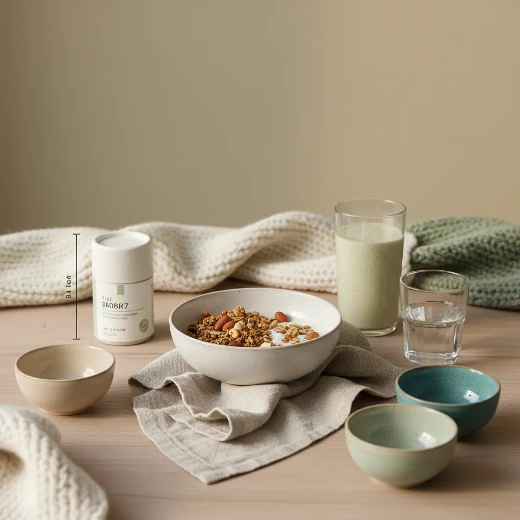 Hunger am Abend stoppen – minimalistisches Frühstück mit Granola, pflanzlichem Joghurt, Nüssen und Shake auf nachhaltigem Holztisch in warmen Beige‑ und Salbeitönen.