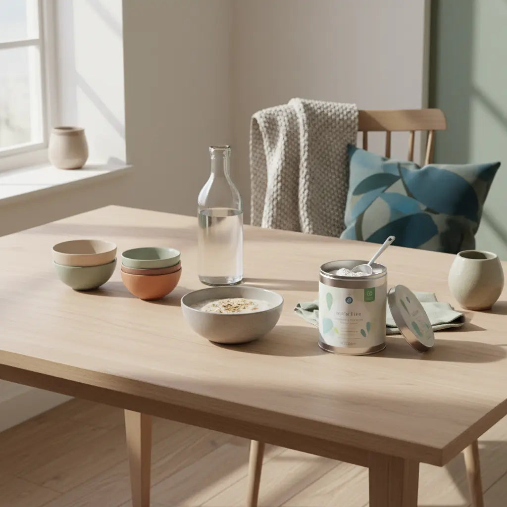 Ruhige europäische Küchenszene mit nachhaltigem Holztisch, Overnight‑Oats, Mineralwasser und offener Dose (Das Produkt aus den Referenzfotos) – Hunger beim Abnehmen