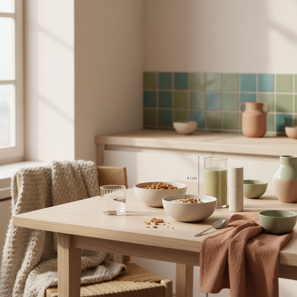 Nachhaltiges Frühstück in europäischer Küche mit Granola, Pflanzenjoghurt, Nüssen und Shake im Morgenlicht — immunsystem stärken dauerhaft