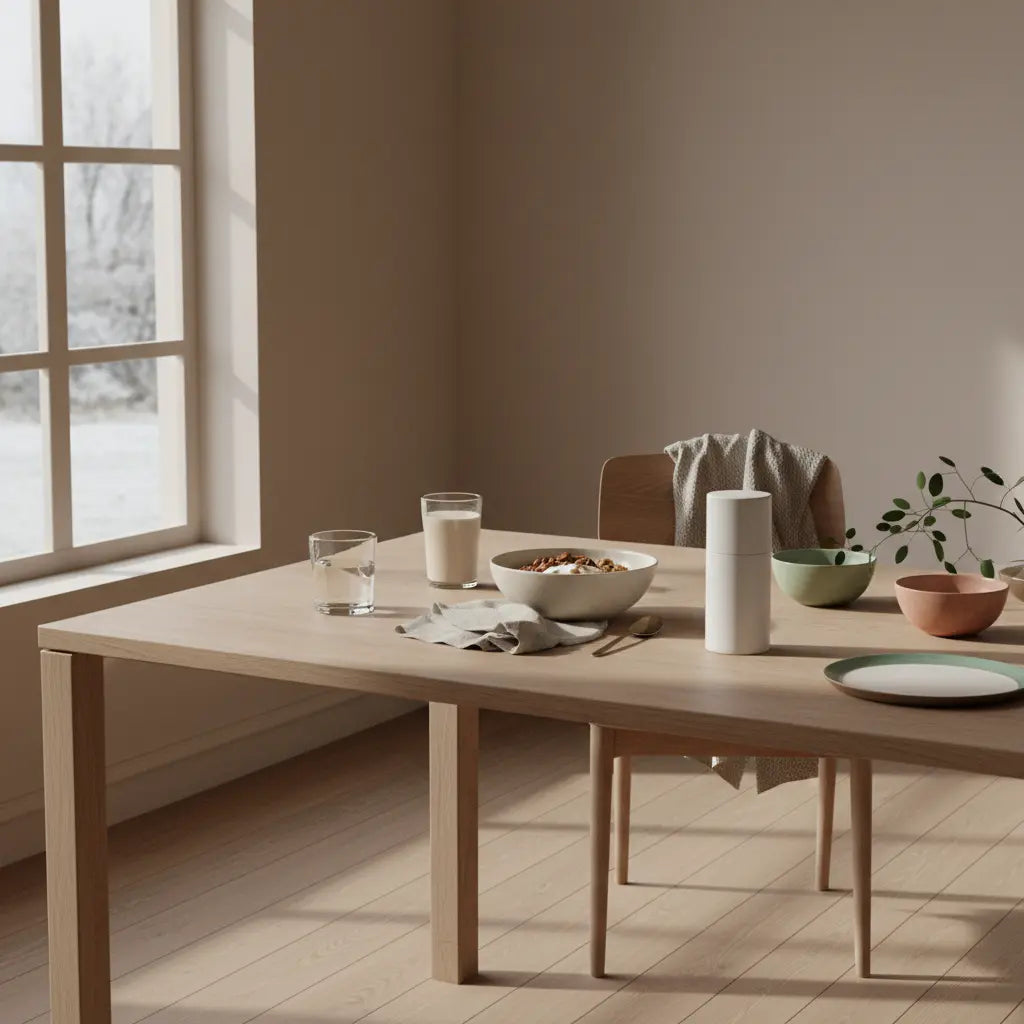 Morgendliches Frühstück in europäischer Küche mit Granola, Shake, Glas Wasser und dem Produkt aus den Referenzfotos, ruhige Farbpalette — Immunsystem stärken