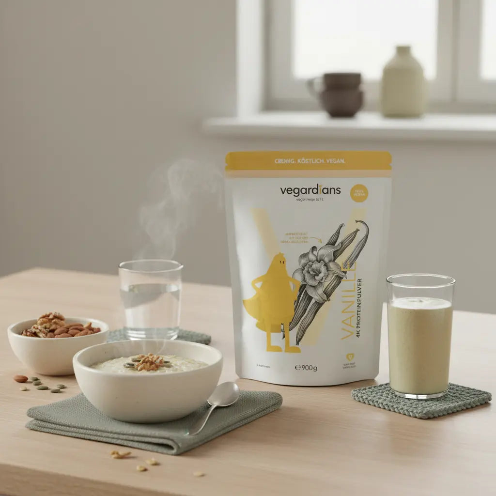 Veganer Frühstückstisch mit Haferbrei, Nüssen, Shake und Wasserglas in sanftem Morgenlicht – in 2 Monaten abnehmen