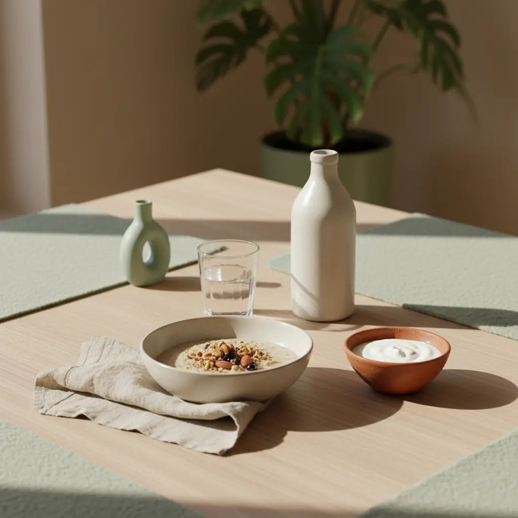 Minimalistisches veganes Frühstück mit Haferbrei, Joghurt, Nüssen, Wasser und Shake auf nachhaltigem Holztisch im Morgenlicht – ideal für in 4 Wochen abnehmen.