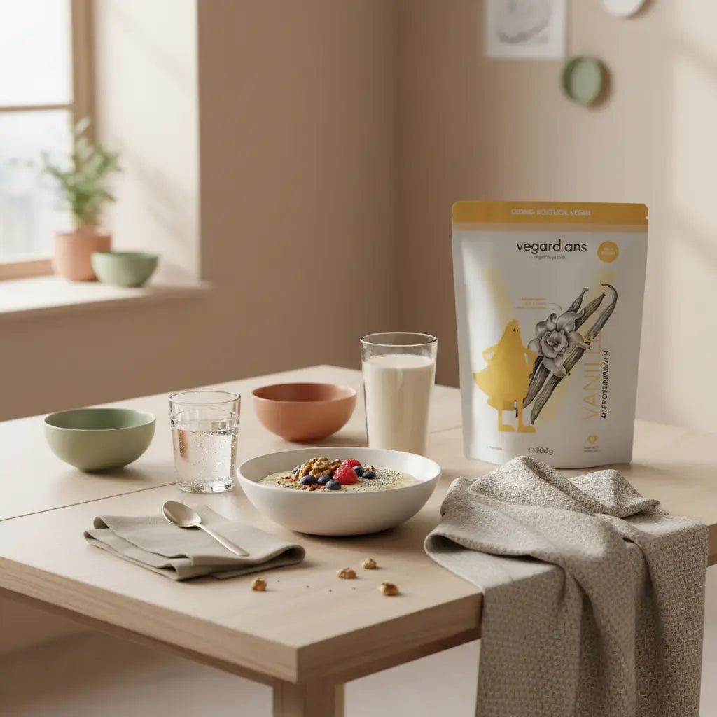 Minimalistische Morgenaufnahme eines nachhaltigen Holztischs mit Porridge, Vanille-Proteinshake und Glas Wasser – Szene zur Unterstützung von in einer Woche 2 Kilo abnehmen