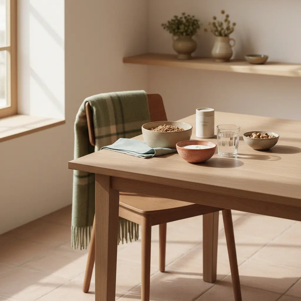 Veganer Frühstückstisch mit Granola, pflanzlichem Joghurt, Nüssen und Shake neben dem Produkt aus den Referenzfotos, stilvoll für einen individuellen Trainingsplan