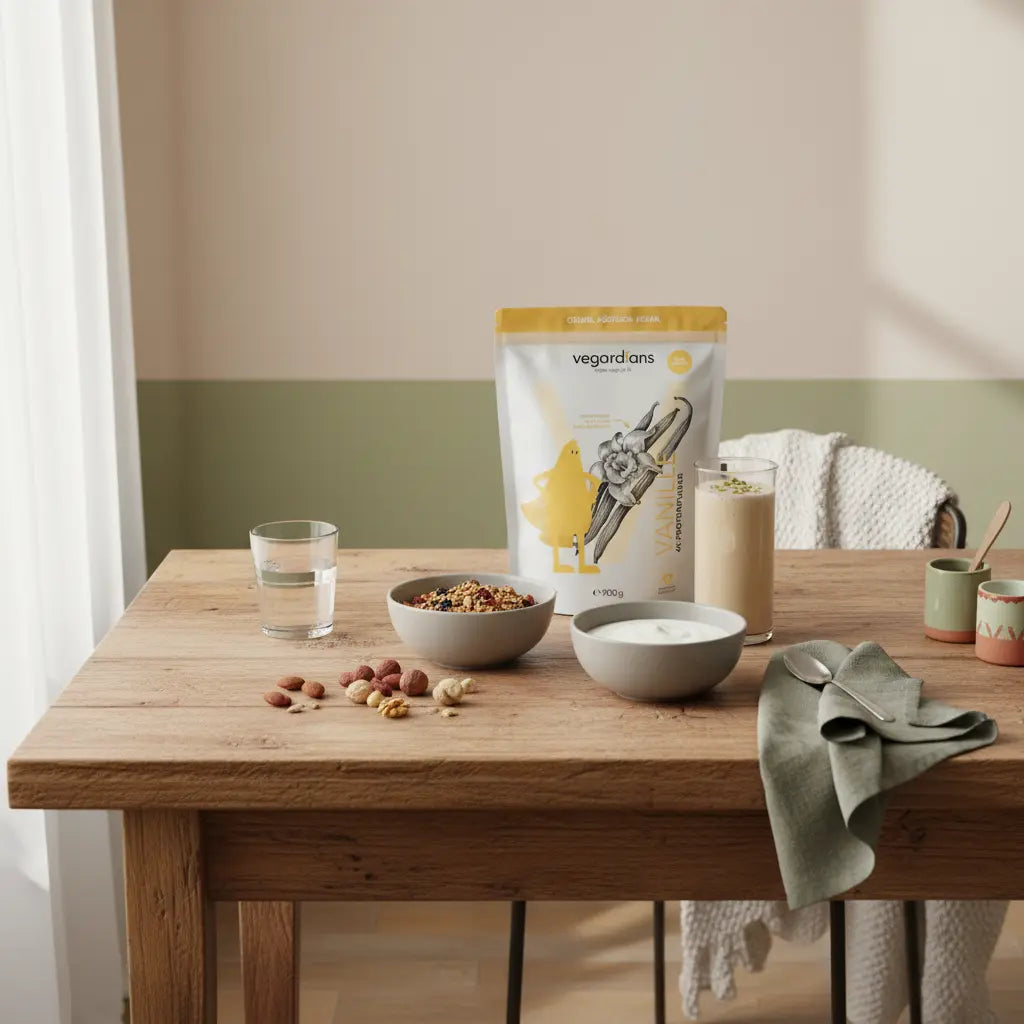 Minimalistische Küchentischszene mit veganem Frühstück und dezent platziertem Vegardians-Produkt, Ingwer gegen Bauchfett, sanftes Morgenlicht, Hintergrund #F7EDE6