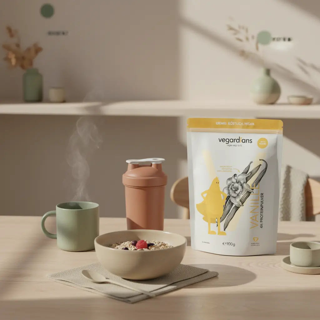 Schale Haferbrei, Tasse Ingwertee und Proteinshake auf nachhaltigem Tisch im Morgenlicht – ruhige Frühstücksszene zu Ingwer zum Abnehmen, minimalistisch und erdig