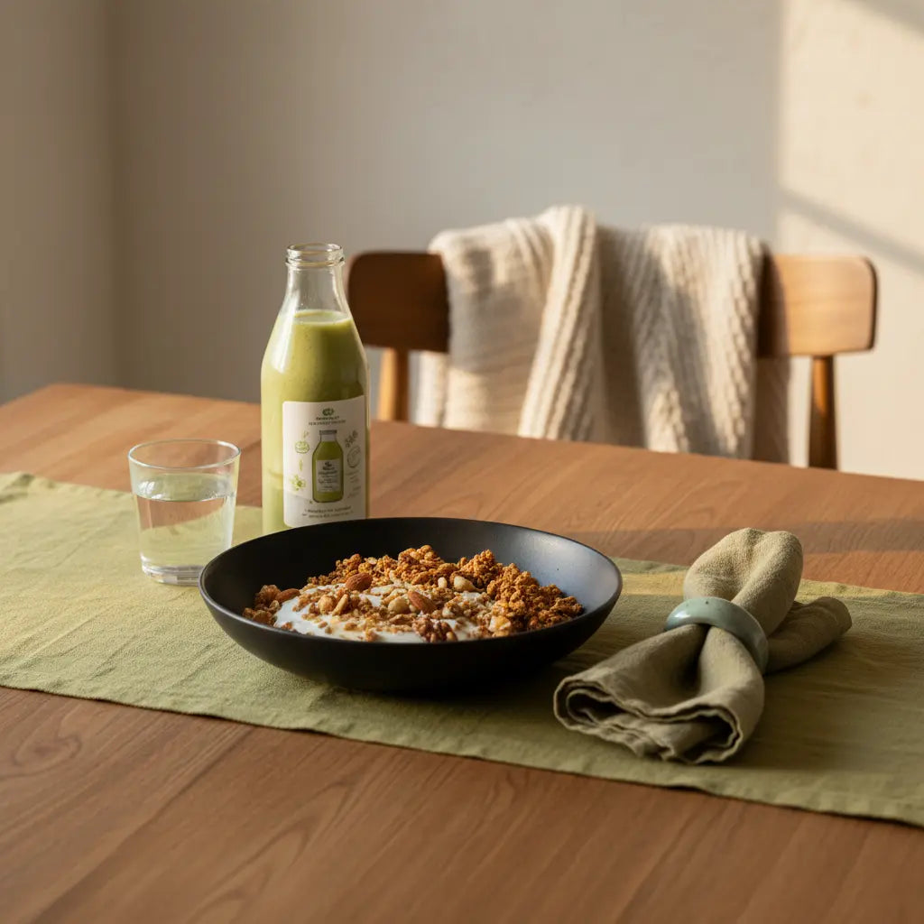 Minimalistisches Frühstück mit Granola, pflanzlichem Joghurt, Nüssen und Shake in warmer Morgenstimmung – ideal vor ins Gym gehen.