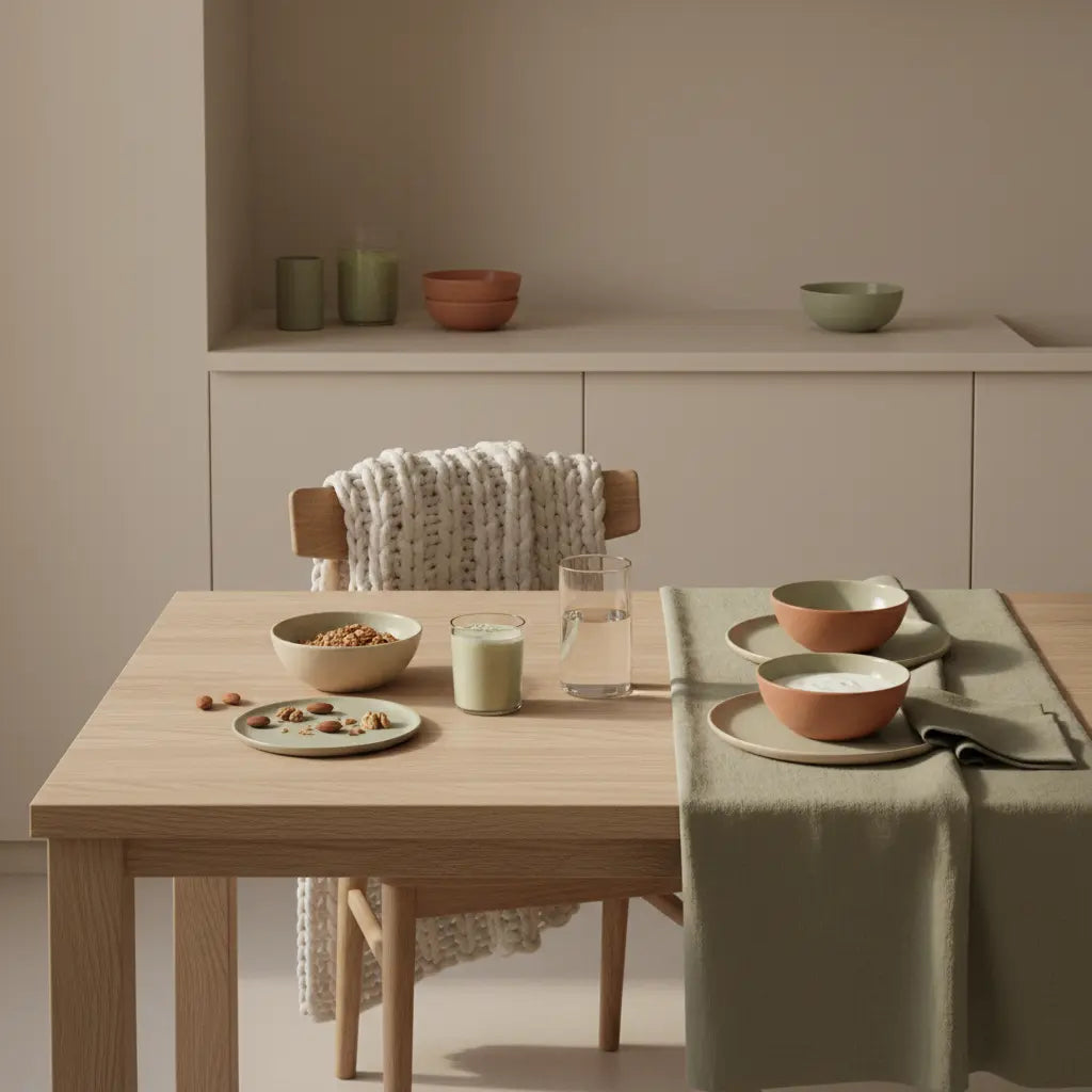 ins neue Jahr gesund starten: Morgendliches Vegardians‑Frühstück mit Granola, Joghurt, Nüssen und Shake auf nachhaltigem, minimalistischem Tisch in Beige und Salbeigrün.