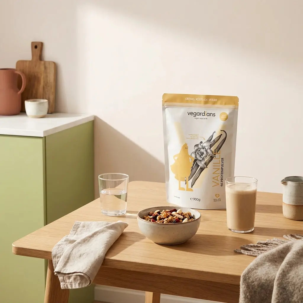 Minimalistisches Frühstück in europäischer Küche: Holztisch mit Glas Wasser, Müsli mit Nüssen und Proteinshake, ruhige Morgenstimmung, passend zum intervallfasten 14/10