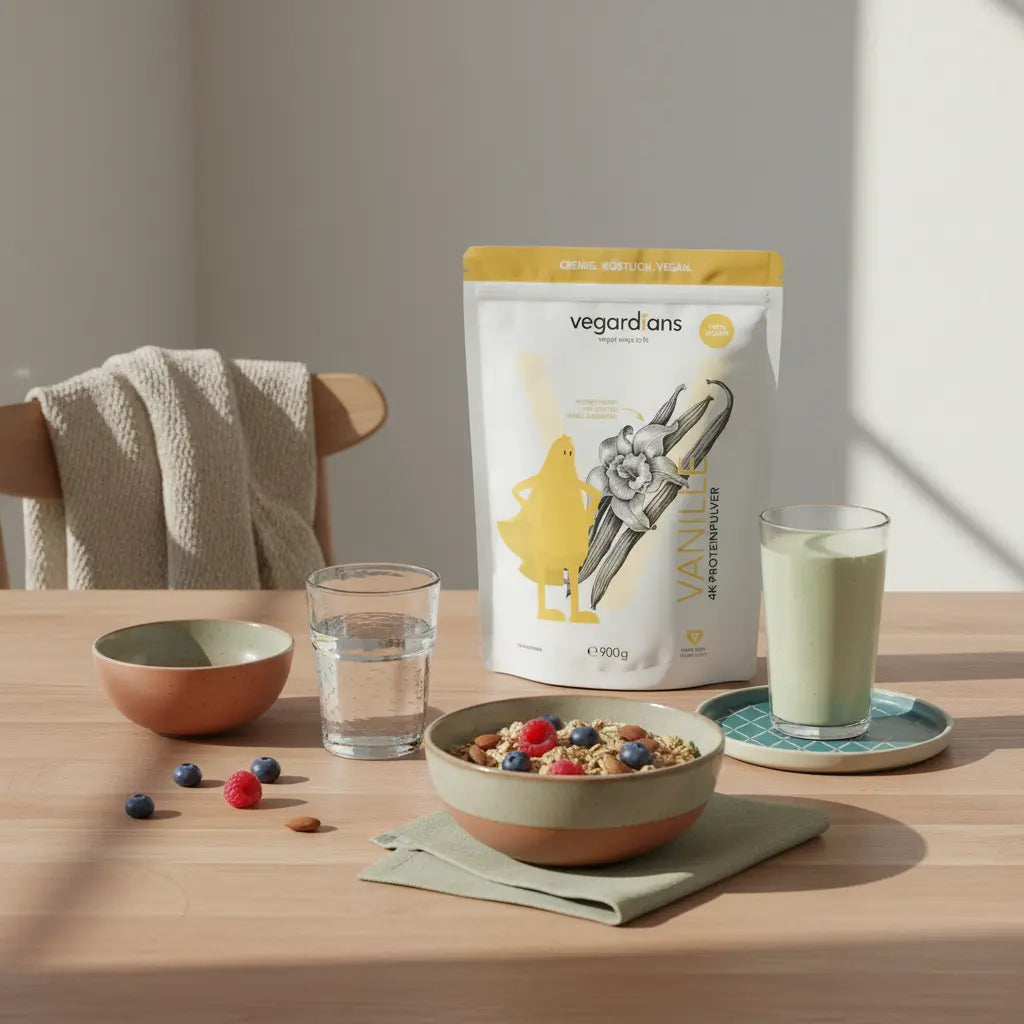 Minimalistisches Frühstück auf Holztisch mit Glas Wasser, Schale Müsli mit Beeren und pflanzlichem Shake im sanften Morgenlicht – Szene passend zu intervallfasten 16:8