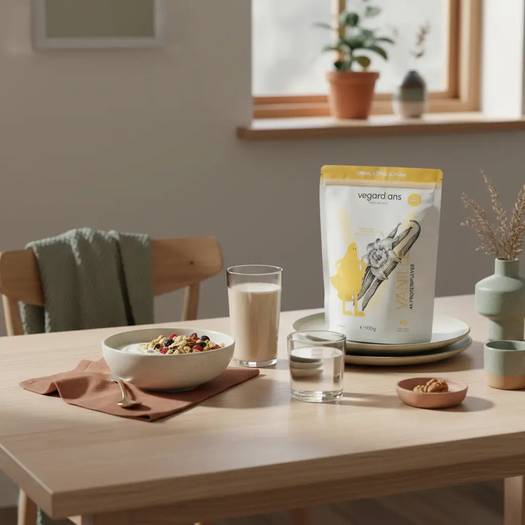 Minimalistisches veganes Frühstück auf Holztisch in sanftem Morgenlicht mit Müsli, Pflanzenjoghurt, Nüssen, Shake und Wasserglas – Intervallfasten 16:8