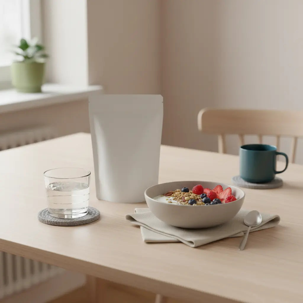 Minimalistisches Frühstück mit Müsli, Glas Wasser und neutral verpacktem Proteinshake auf nachhaltigem Holztisch in sanftem Morgenlicht – intervallfasten app kostenlos