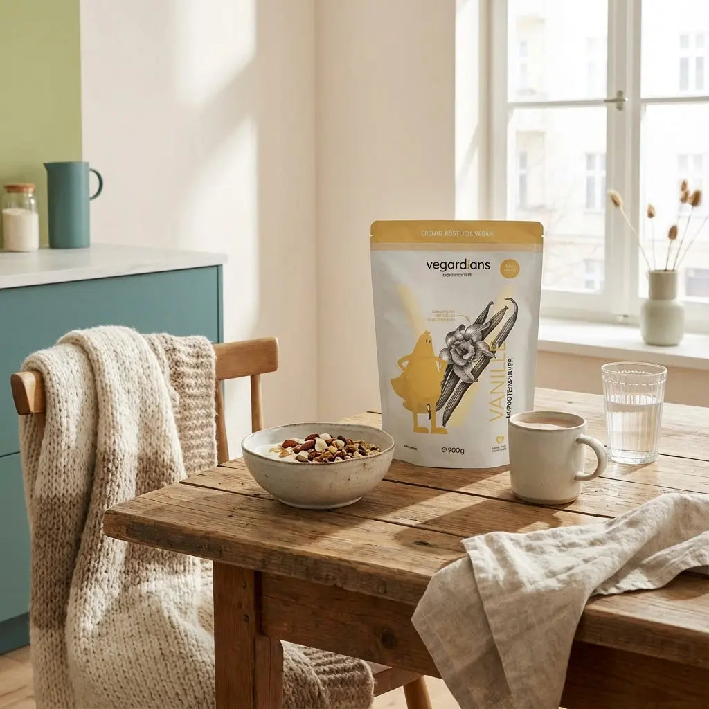 Intervallfasten essen: Minimalistische Morgenaufnahme mit veganer Protein‑Bowl, Glas Wasser und Shake auf nachhaltigem Holztisch in erdigen Farbtönen.