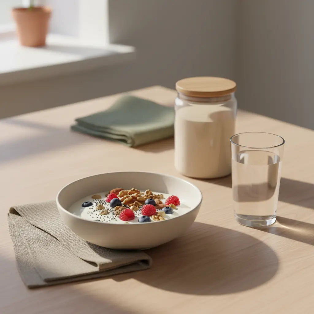 Minimalistische Morgenaufnahme: nachhaltiger Holztisch mit veganer Protein-Bowl, Glas Wasser und Proteinpulver-Glas (das Produkt aus den Referenzfotos). intervallfasten frauen ab 50