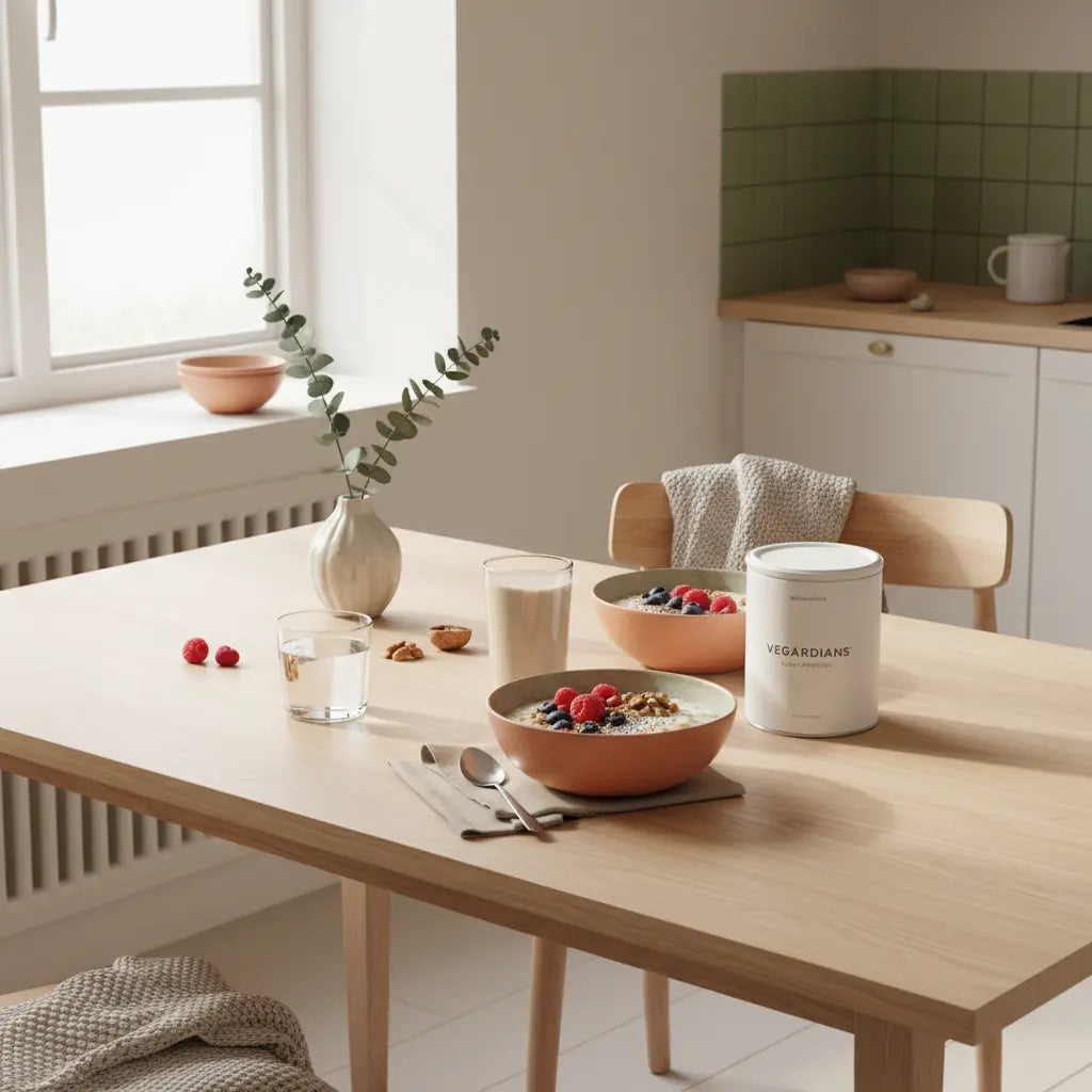 Intervallfasten Uhrzeit: Minimalistische Frühstücksszene mit Haferbrei, Beeren, Nüssen und pflanzlichem Shake auf nachhaltigem Holztisch im sanften Morgenlicht.