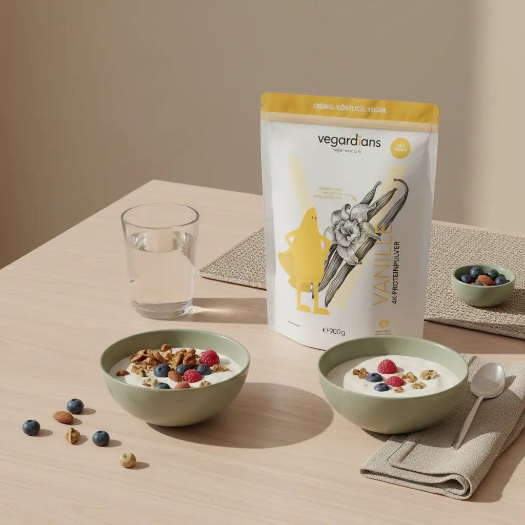 Veganes Frühstück auf nachhaltigem Holztisch mit pflanzlichem Joghurt, Nüssen, Beeren und Proteinshake im sanften Morgenlicht – intervallfasten wechseljahre