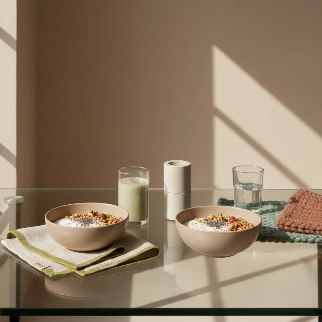 Intervallstufe Thermomix Frühstück in minimalistischer Küche mit Granola, Joghurt, Nüssen und Shake auf nachhaltigem Tisch, warme Morgenstimmung