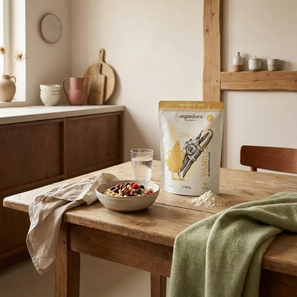 Intra Shake auf nachhaltigem Holztisch mit Haferflocken, Nüssen und klarem Wasserglas im sanften Morgenlicht, minimalistisches veganes Frühstück