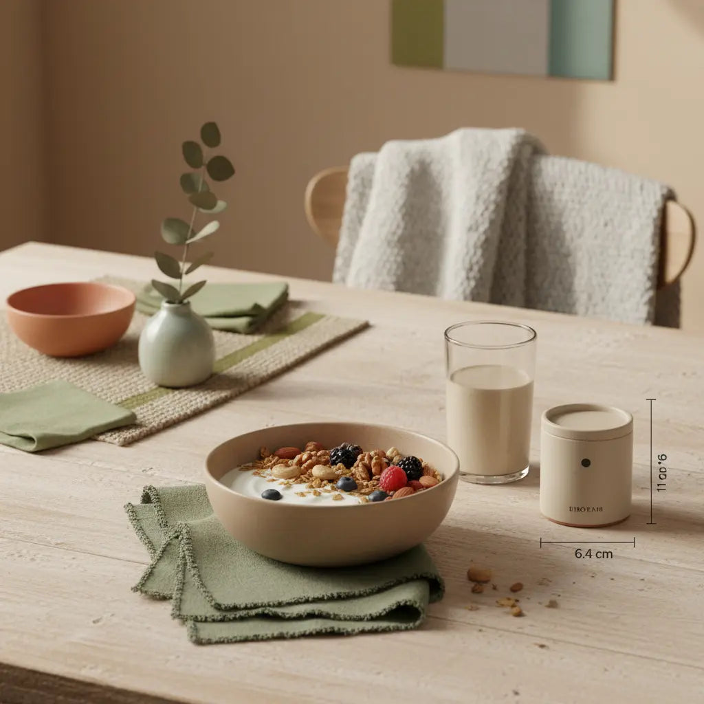 Ist das Weihnachtsessen gesund? Vegardians: europäische Küchenszene mit veganem Müsli, pflanzlichem Joghurt, Nüssen und Shake in warmen Beige- und Salbeitönen.