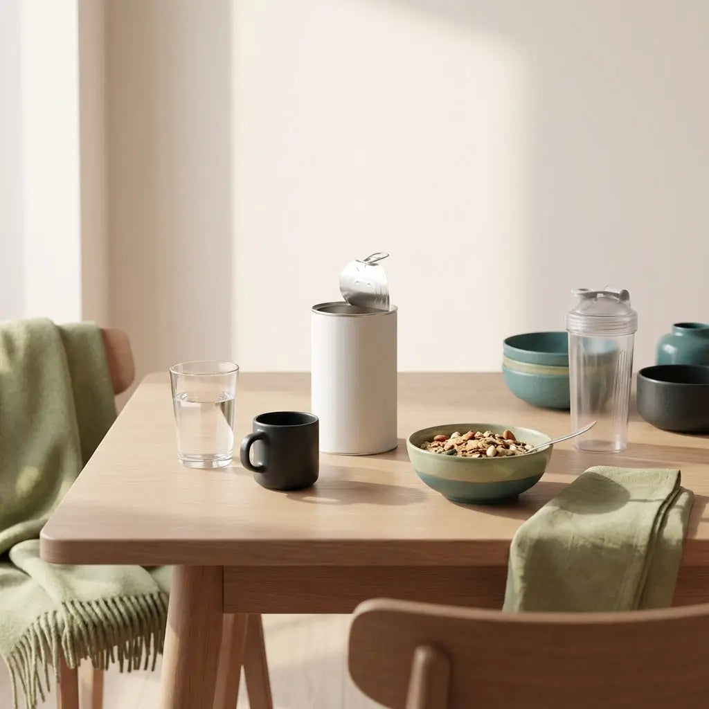 Ist es gesund jeden Tag Heimtrainer fahren? Helle, minimalistische Küche im Morgenlicht mit Holztisch, Glas Wasser, Schale Müsli und geöffneter Dose veganes Proteinpulver.