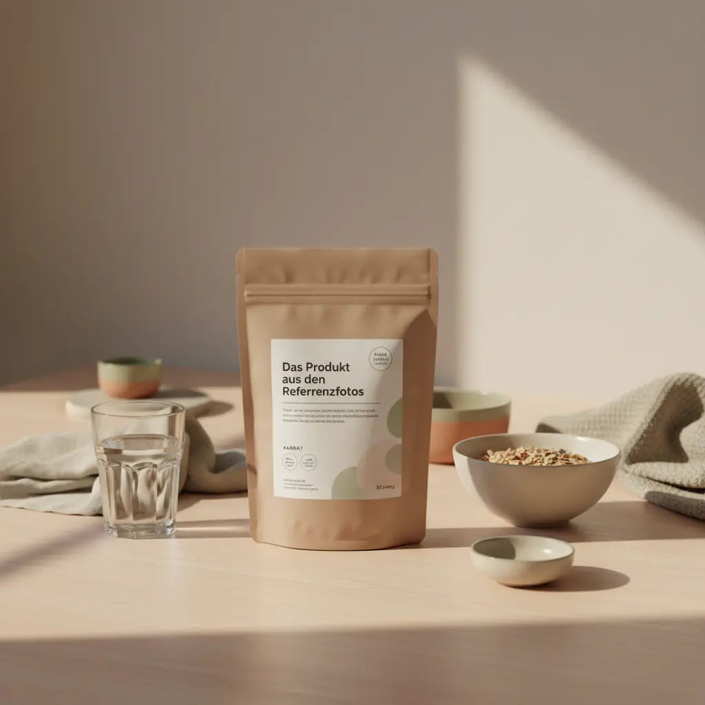 Ruhige Frühstücksszene mit Protein‑Probe, Müsli und Wasserglas auf hellem Holz – post‑workout Achtsamkeit. Ist HIIT für Anfänger geeignet?