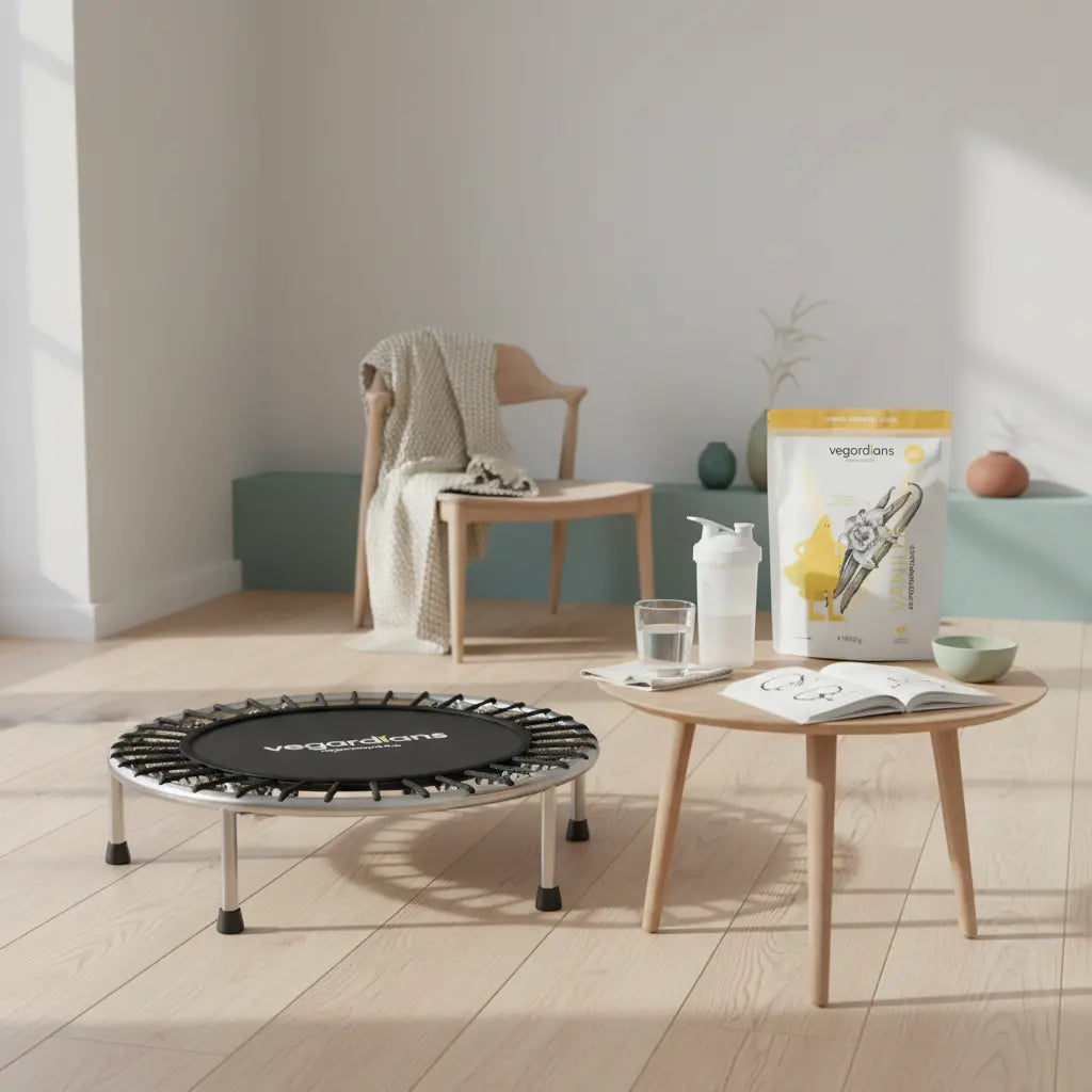 ist jumping fitness gut zum abnehmen: minimalistisches Wohnzimmer mit Mini‑Trampolin, Beistelltisch, Wasserglas, Shake und Notizbuch im sanften Morgenlicht