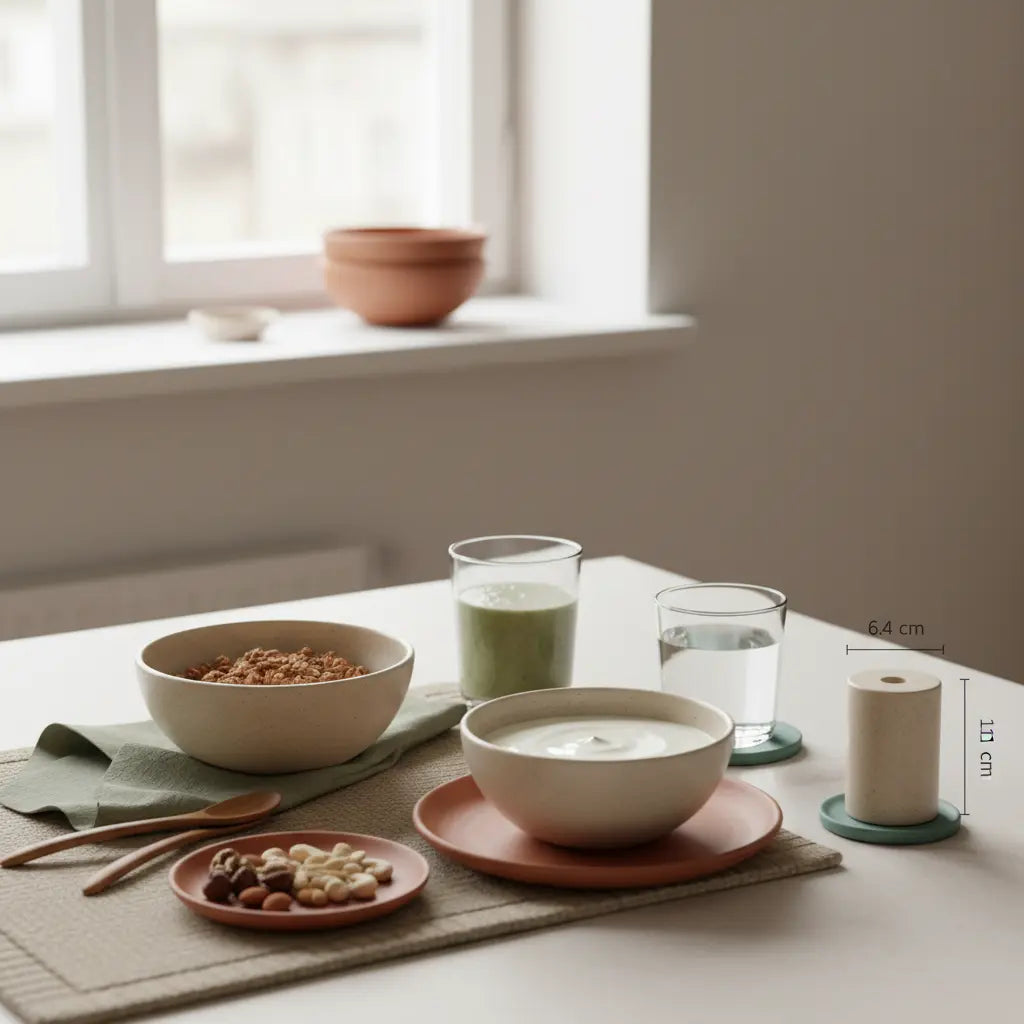 Ist pflanzliches Eisen schwerer aufzunehmen? Minimalistisches Frühstück in europäischer Küche: nachhaltig gedeckter Tisch mit Granola, pflanzlichem Joghurt, Nüssen und Shake in warmer erdiger Farbpalette.