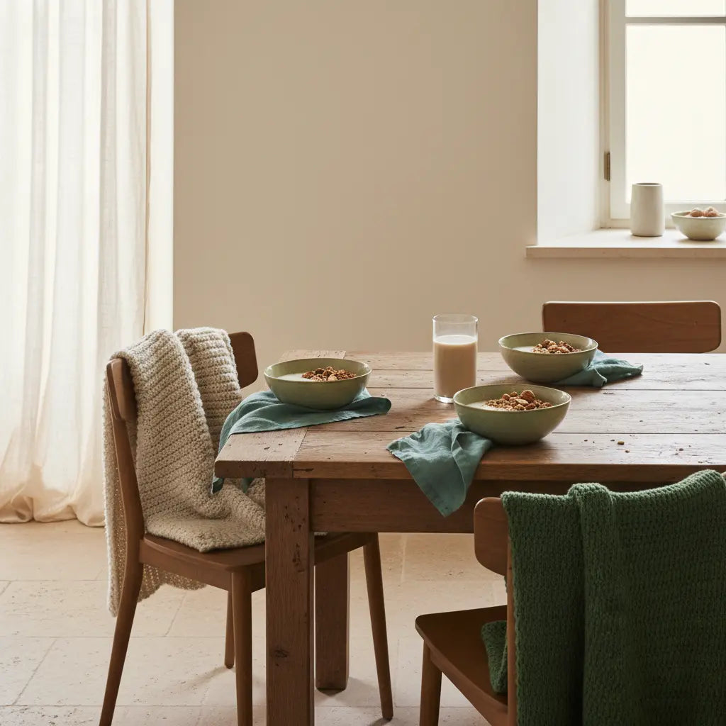 Ist Proteinpulver für Muskelaufbau nötig — ruhiges Frühstück mit Granola, pflanzlichem Joghurt, Nüssen, Shake und Vegardians-Produkt (11 cm × 6.4 cm) in minimalistischer Küche