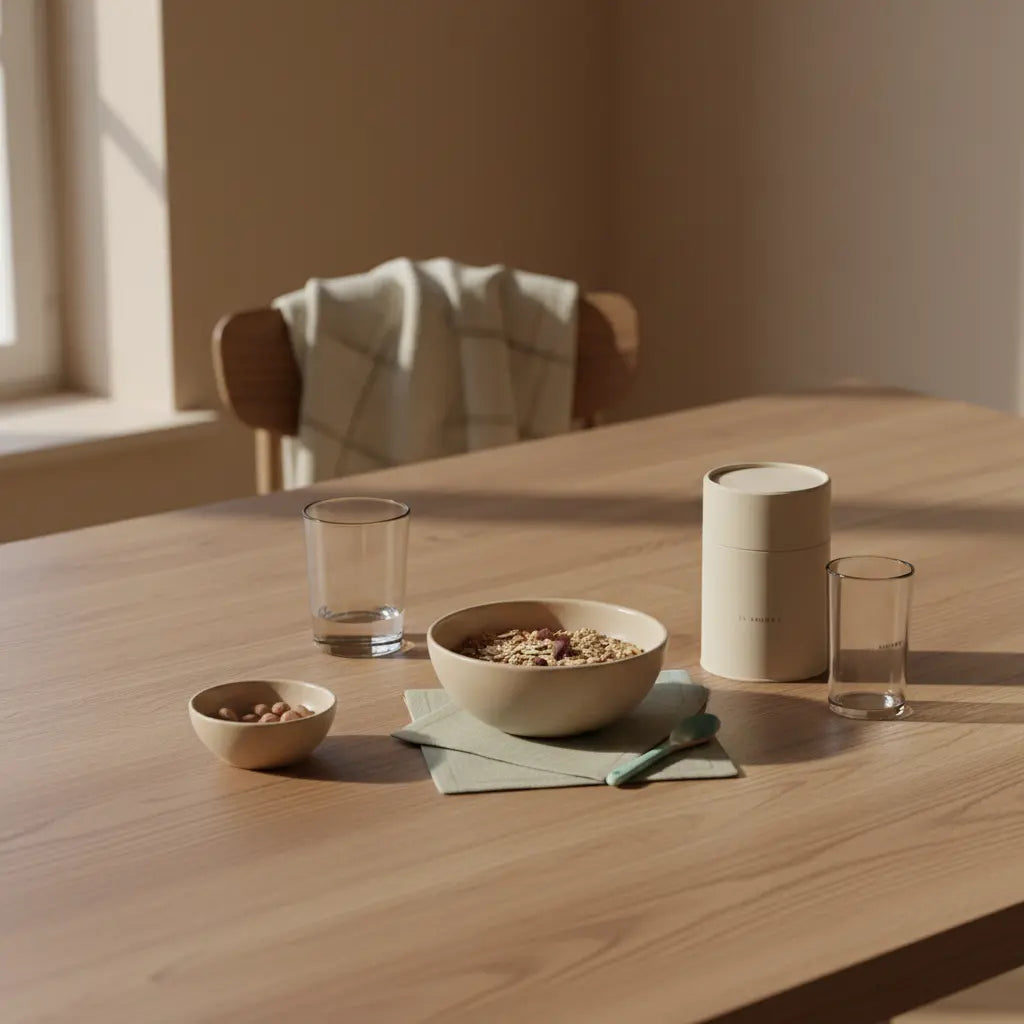 Minimalistische europäische Morgenszene mit Holztisch, Müsli, Nüssen, Glas Wasser und dezentem Shake. Nachhaltig, ruhig und nährend. Ist Proteinpulver gut für den Muskelaufbau