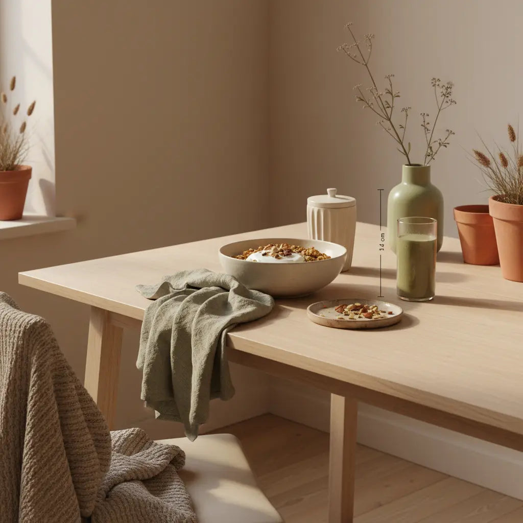 Ist rein vegane Ernährung gesund? Minimalistisches Frühstück in europäischer Küche mit Granola, pflanzlichem Joghurt, Nüssen und Shake auf Holztisch in ruhigen Beige‑ und Salbeitönen.