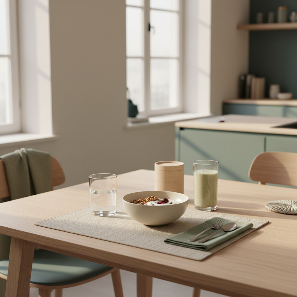 Minimalistisches Frühstück mit Granola, Pflanzendyoghurt, Nüssen und Shake im Morgenlicht auf nachhaltigem Tisch – ist vegane ernährung auf dauer gesund