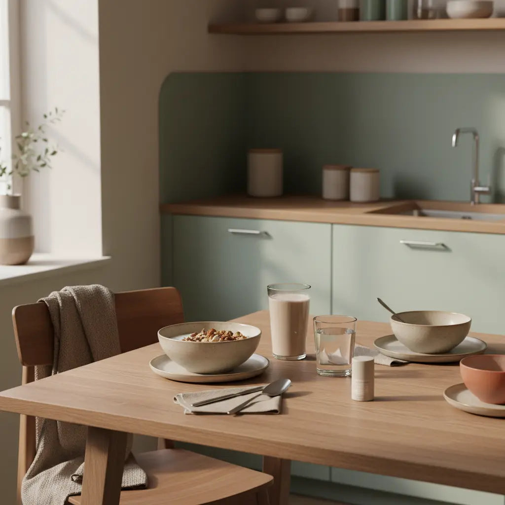Minimalistisches, nachhaltiges Frühstück in europäischer Küche mit Granola, pflanzlichem Joghurt, Nüssen und Shake vor Hintergrund #F7EDE6 – Jahresverträge Fitnessstudio