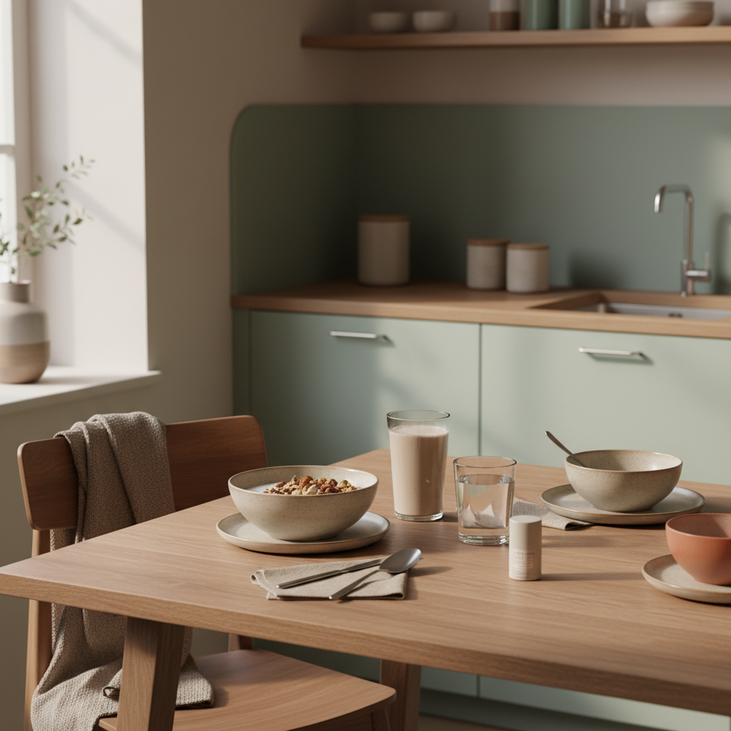 Minimalistisches, nachhaltiges Frühstück in europäischer Küche mit Granola, pflanzlichem Joghurt, Nüssen und Shake vor Hintergrund #F7EDE6 – Jahresverträge Fitnessstudio