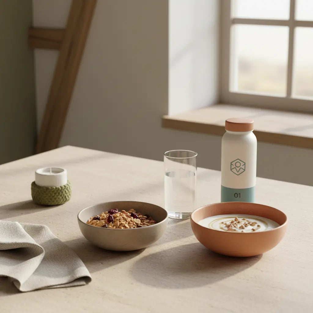 Januar Fitnessstudio: Minimalistisches, nachhaltiges Frühstück in einer europäischen Küche mit Granola, pflanzlichem Joghurt, Nüssen, Shake-Flasche und Produkt aus Referenzfotos in sanftem Morgenlicht.