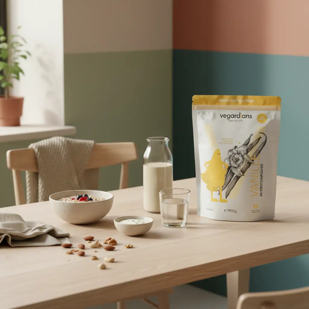 Sanfte Morgenküche mit veganem Frühstück auf nachhaltigem Holztisch, Glas Wasser und Proteinshake, bewusstes Essen gegen Jo-Jo-Effekt.