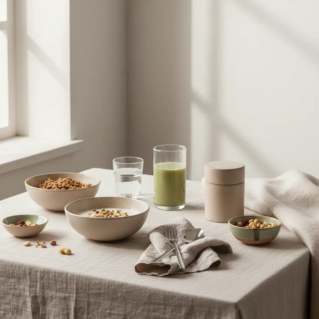 Minimalistisches Frühstück mit jodreichen lebensmitteln: Granola mit veganem Joghurt, Nüssen und pflanzlichem Shake auf nachhaltigem Tisch in einer europäischen Küche im Morgenlicht