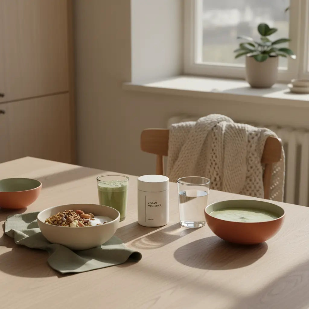 Minimalistisches veganes Frühstück mit Granola, Joghurt, Nüssen, Shake und klarem Wasserglas in einer europäischen Küche — kaffee clean eating.