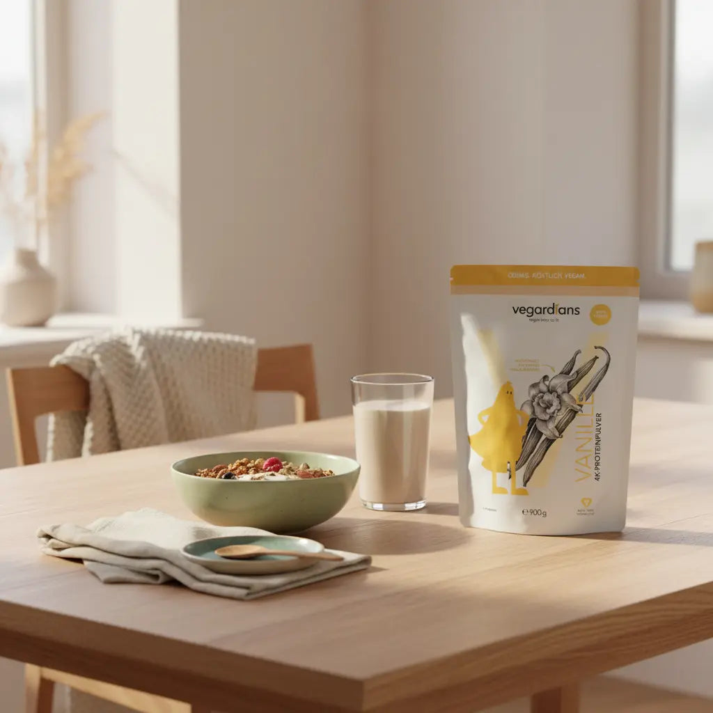 Kalorien zählen: veganes Frühstück auf nachhaltigem Holztisch mit Müsli, pflanzlichem Joghurt, Nüssen und Shake im sanften Morgenlicht