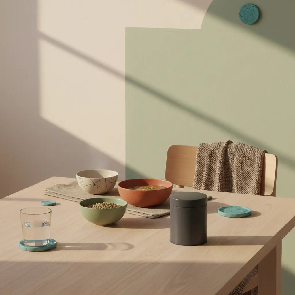 Minimalistische Morgen-Szene mit veganen, kalorienarme Fertiggerichte (klare Suppe, Linsen, Glas Wasser) auf nachhaltigem Holztisch, Leinen- und Wollakzente, Hintergrund #F7EDE6