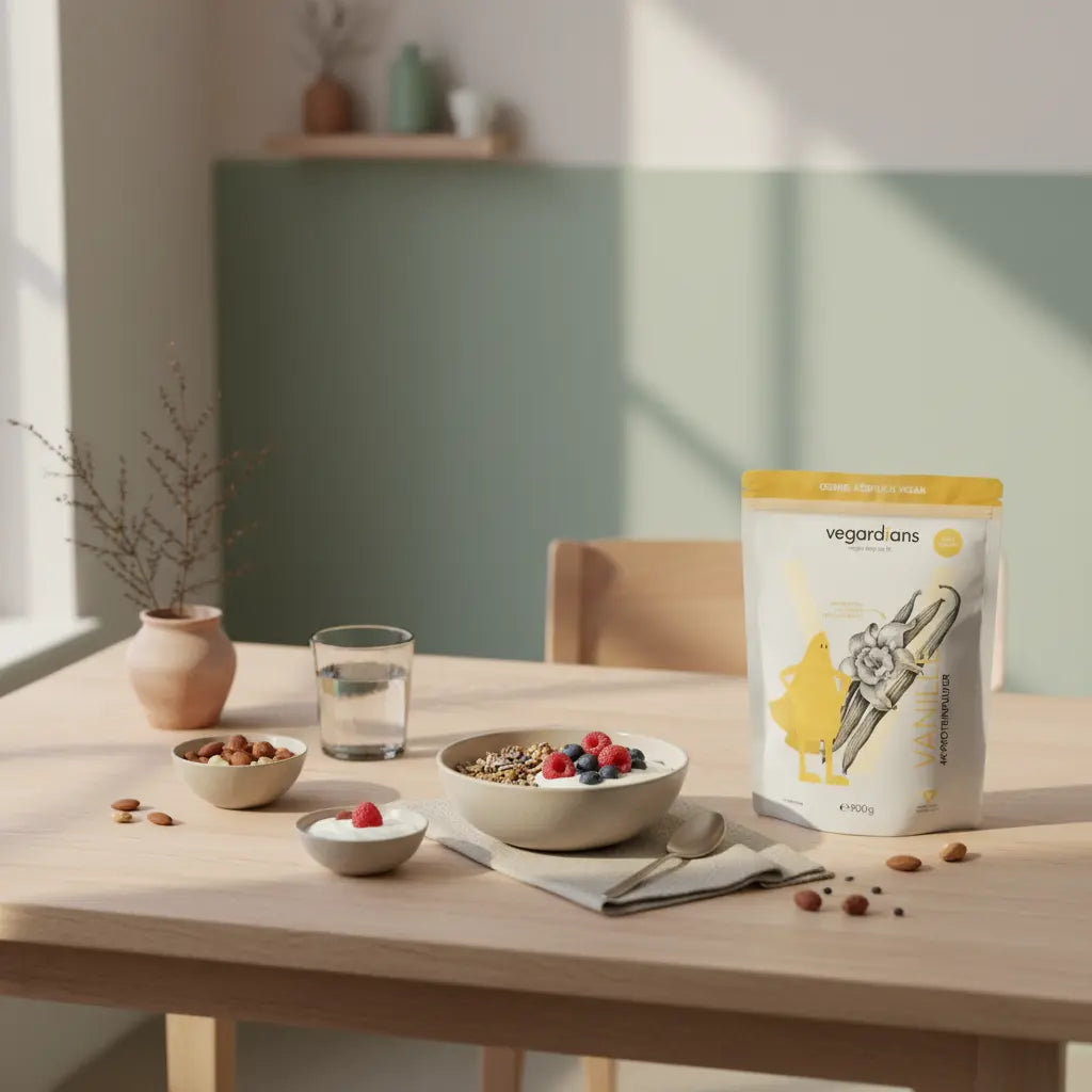 Veganer Frühstückstisch mit Müsli, Naturjoghurt, Nüssen und Glas Wasser im sanften Morgenlicht, nachhaltiger Holztisch und Produkt aus Referenzfotos sichtbar — kalorienarme lebensmittel