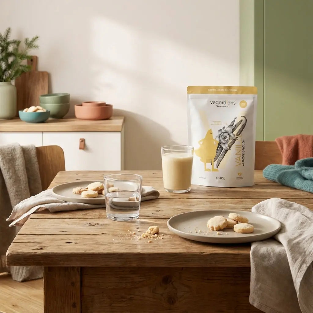 Minimalistische Küchenaufnahme mit kalorienarme weihnachtsplätzchen auf Keramiktellern, Glas Wasser und veganem Shake in warmen Beige‑Salbei‑Terrakotta Tönen.