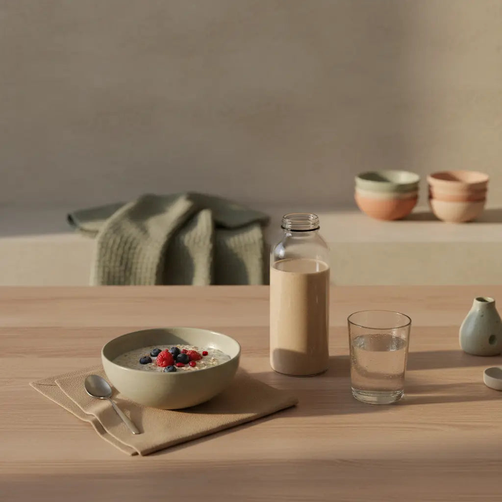 Minimalistisches Frühstück mit veganer Hafer-Schüssel, Glas Wasser, Proteinshake und dem Produkt aus den Referenzfotos auf nachhaltigem Holztisch im Morgenlicht – Kalorienbedarf