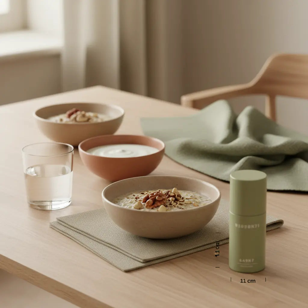 Kaloriendefizit abnehmen: veganes Frühstück auf nachhaltigem Holztisch im sanften Morgenlicht mit Haferflocken, Pflanzenjoghurt, Nüssen, Keramikschale und klarem Wasserglas