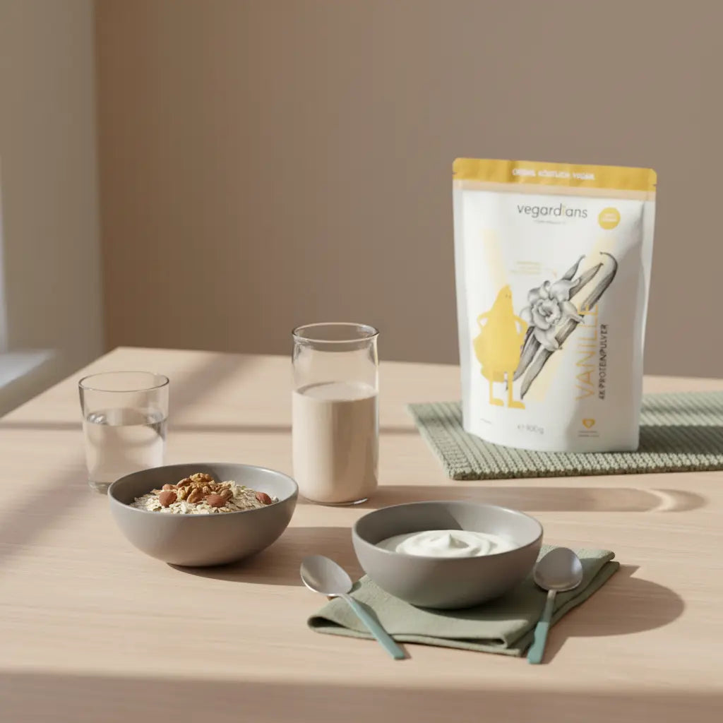 Minimalistisches Morgenfrühstück mit Haferflocken, Nüssen, pflanzlichem Joghurt, veganem Shake und Glas Wasser in einer europäischen Küche – bewusstes Kaloriendefizit.