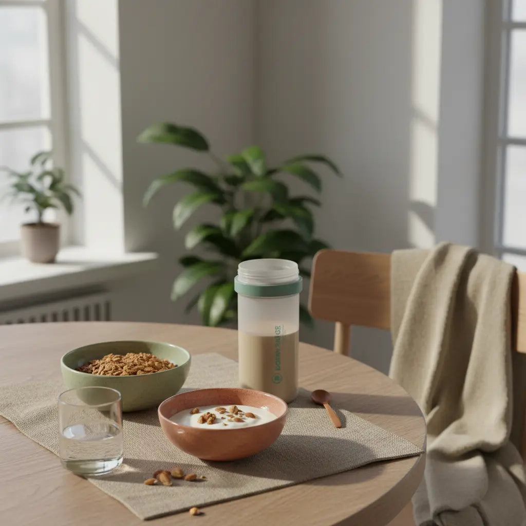 Minimalistischer veganer Frühstückstisch mit Granola, Joghurt, Nüssen, Shake und dem Produkt aus Referenzfotos in einer ruhigen Winter‑Küchenszene — kalorienreiche vegane Lebensmittel.