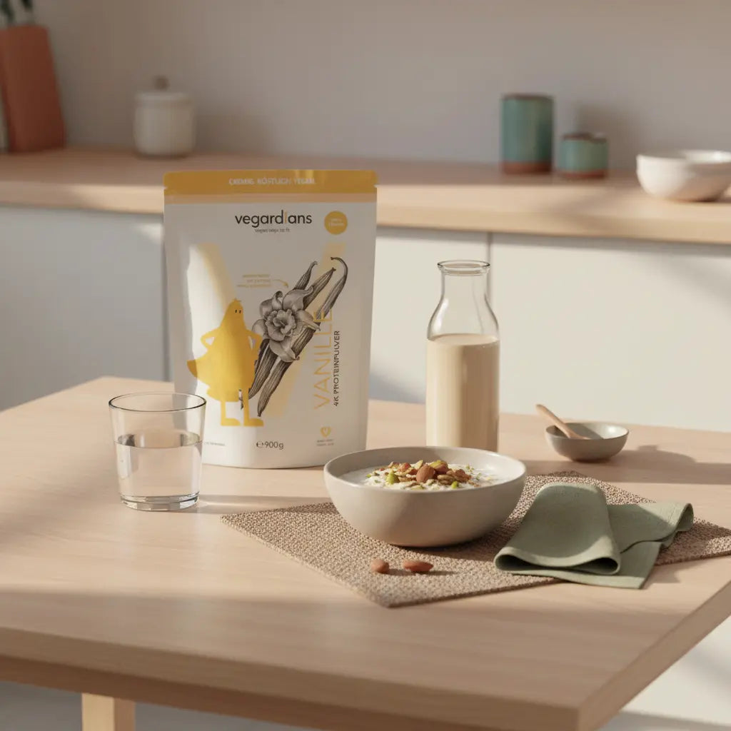 Minimalistische Morgen-Küchenszene mit pflanzlichem Frühstück, Wasserglas und dem Produkt aus den Referenzfotos auf dem Tisch; Thema: kalorienverbrennung durch kälte.