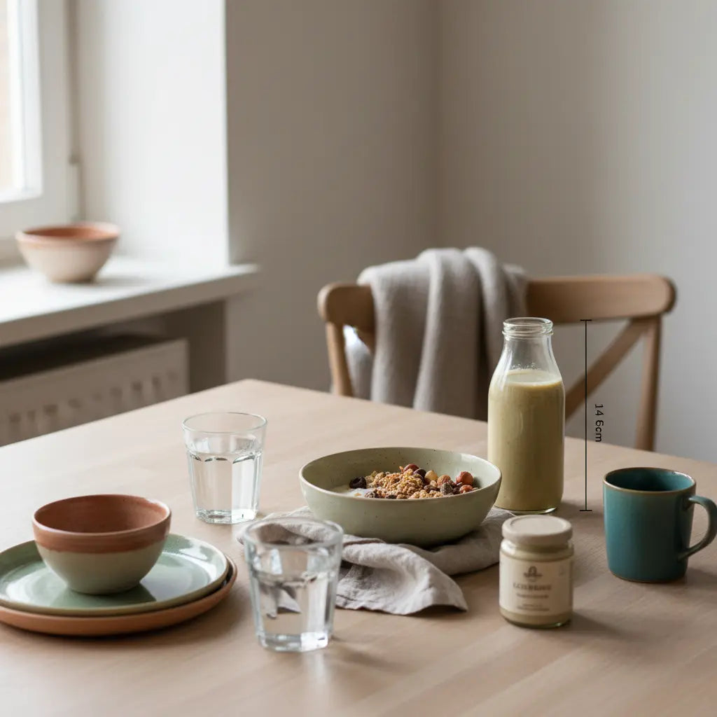 Minimalistischer veganer Frühstückstisch mit Granola, Joghurt, Nüssen und Shake, integriertes Produkt aus den Referenzfotos im Vordergrund, gemütlich im Morgenlicht – kaltes Wetter glücklicher