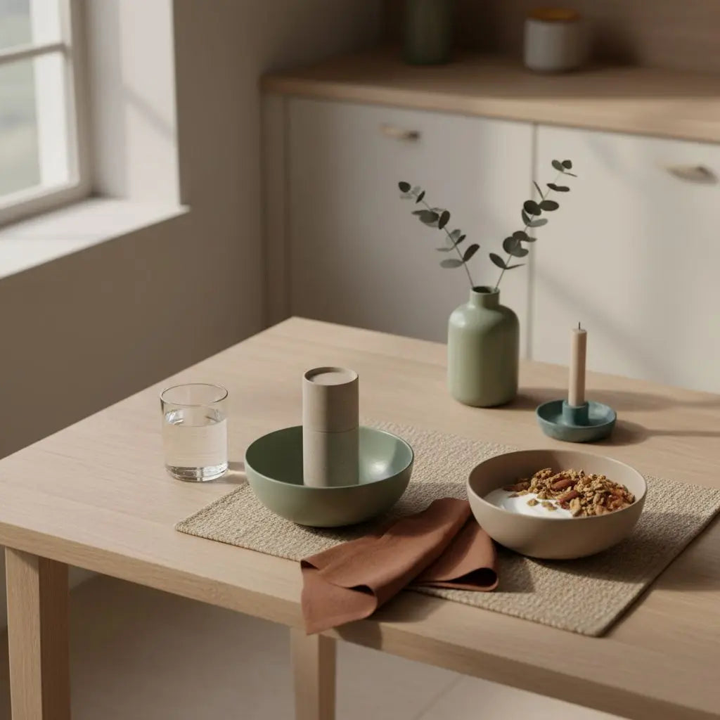 Minimalistische Morgen-Szene mit Granola, Joghurt, Nüssen, Shake und Wasserglas auf einem europäischen Frühstückstisch — kann ein shake eine mahlzeit ersetzen?