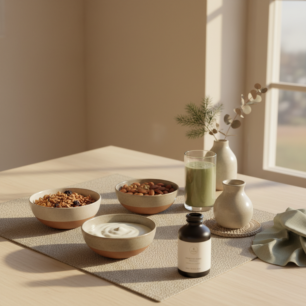 Minimalistisches veganes Frühstück in europäischer Küche mit Granola, Joghurt, Nüssen und Shake auf Keramik – ruhige Erd- und Markenfarben, kann man eisen vorbeugend nehmen