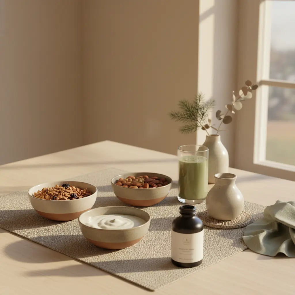 Minimalistisches veganes Frühstück in europäischer Küche mit Granola, Joghurt, Nüssen und Shake auf Keramik – ruhige Erd- und Markenfarben, kann man eisen vorbeugend nehmen